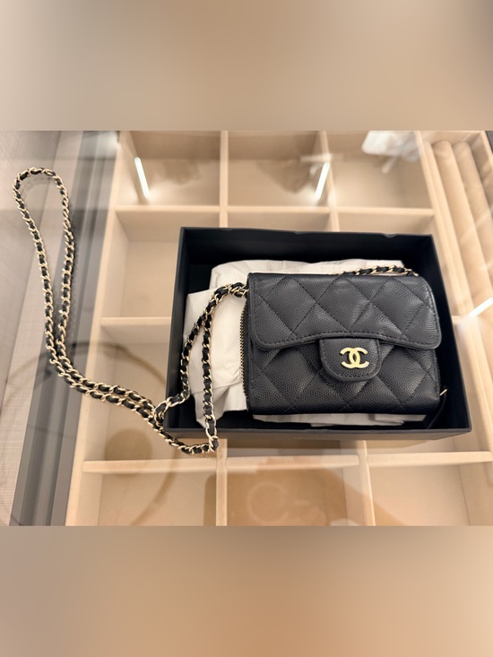CHANEL Handbags - Authentic Chanel Black Quilted Caviar Leather Mini wallet on chain strap. w box!